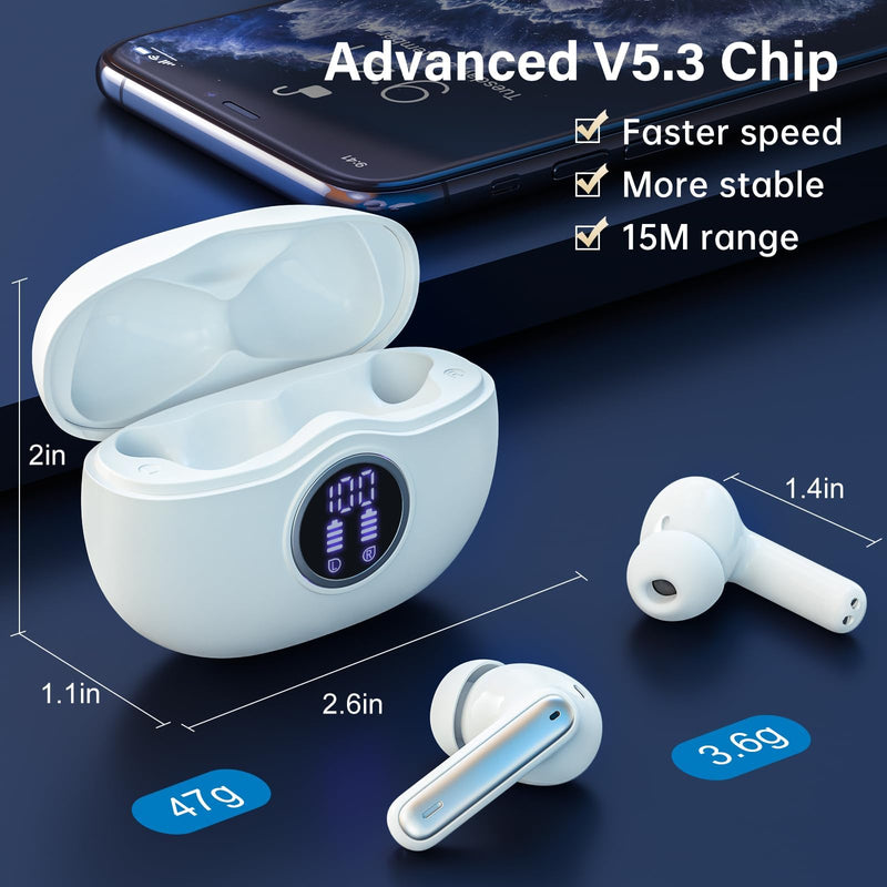 Wireless Earbuds, Bluetooth 5.3 Headphones HiFi Stereo 50H Playback LED Digital Display Ear Buds with ENC Noise Canceling Headset, IPX7 Waterproof Earphones for Gym/Running/Work（White） White