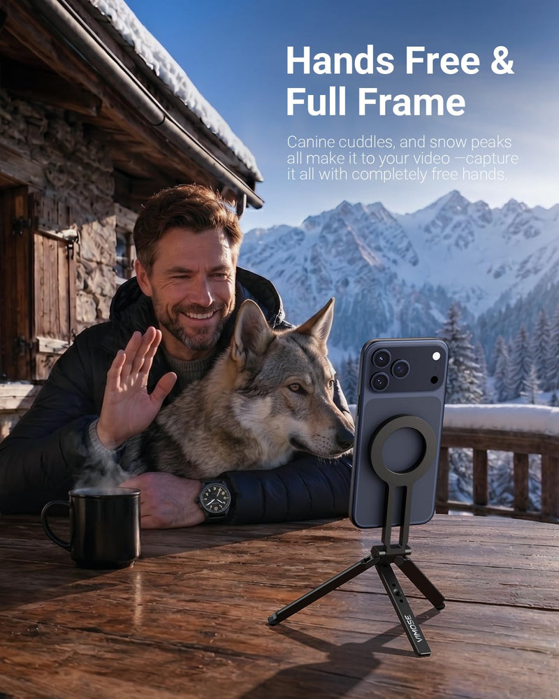 Vimose for MagSafe Tripod for iPhone-Compact &Portable Phone Stand for Desk | Metal Magnetic Tripod for iPhone 17/16/15/14/13/12 Series, with 1/4" Screw & Hook, for Travel, Selfie, Vlogging, Video Call Ebony