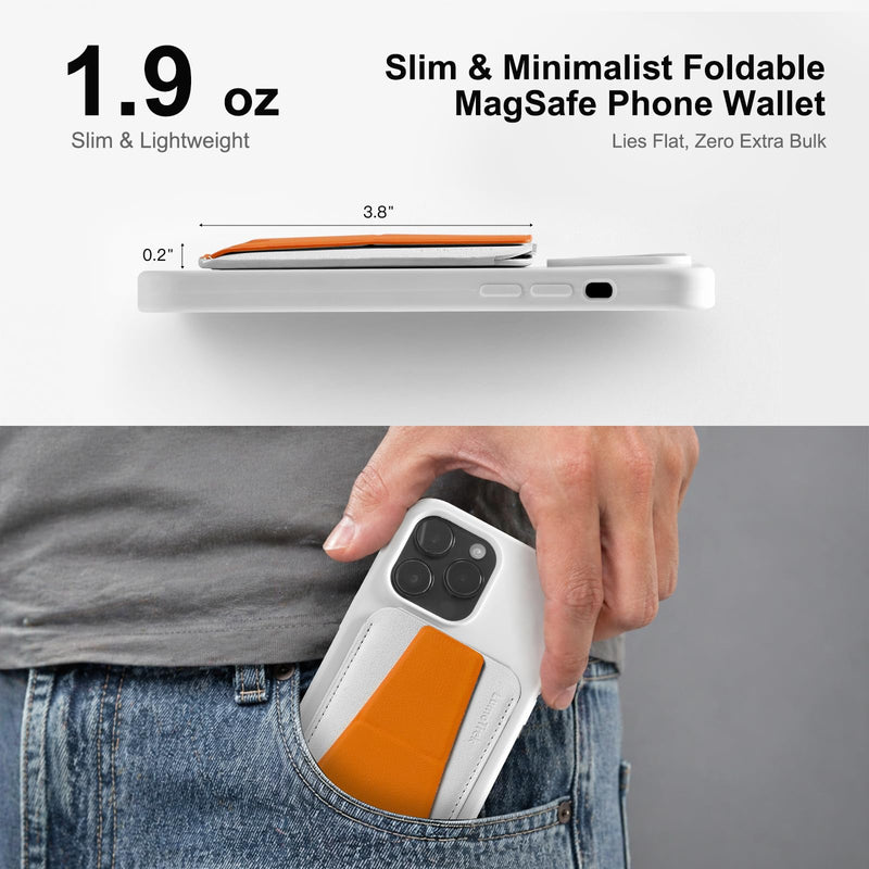 Tap & Go MagSafe Wallet Stand, 1-Card Magnetic Phone Wallet | with Grip, NFC-Friendly Slim Vegan Leather Card Holder, 3 Viewing Modes for iPhone 17/16/15/14/13/12, Black White/Orange