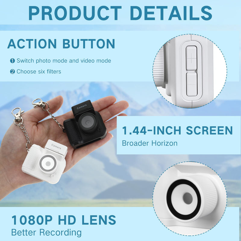 2 Sets Mini Keychain Camera 1080p Small Retro Portable Photo Video Camera 600 Mins Battery Life 16 GB Micro Video Camcorder with Flash Light for Travel Study Recording (Black & White)