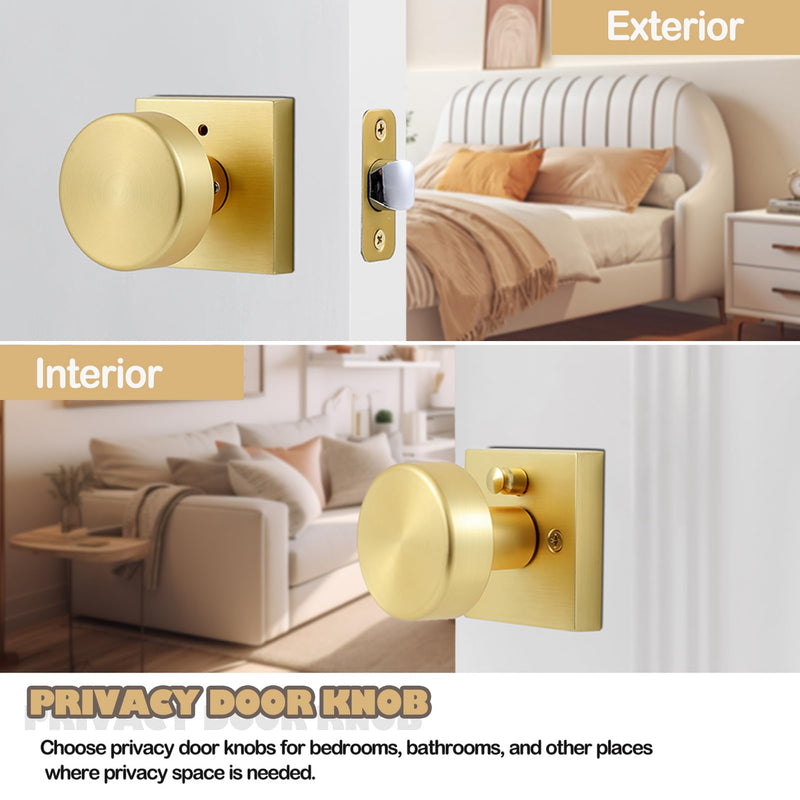 coolnews Gold Door Knobs Interior, Privacy Door Knob with Lock, Heavy Duty Square Modern Door Handle for Bedroom Bathroom, Satin Brass Brushed Gold