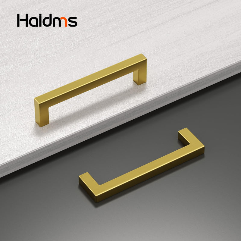 Haidms 5 Inch Cabinet Handles 10 Pack Gold Stainless Steel Drawer Pulls Brushed Brass Cabinet Hardware Square Cabinet Pulls for Kitchen Bathroom Cupboard 5 Inch Hole Center