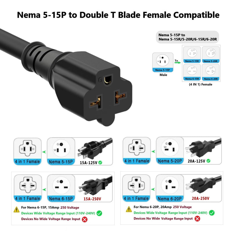 10Ft 12AWG Heavy Duty Right-Angle 15 Amp Household Plug to 20-Amp Extension-Cord, Nema 5-15P to 5-15R,5-20R,6-15R,6-20R T Blade 20Amp to 15Amp 90-Degree Extension Cable,125V 15A to 20A AC Power Cord