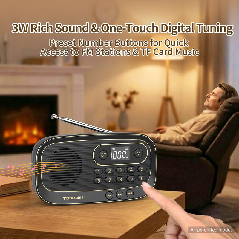 TOMASHI Portable FM Radio, Bluetooth Speaker Radio, Rechargeable Auto Scan | Preset stations, LCD display and Micro SD MP3 player. Compact radio with earphone jack for home, travel and outdoor use.