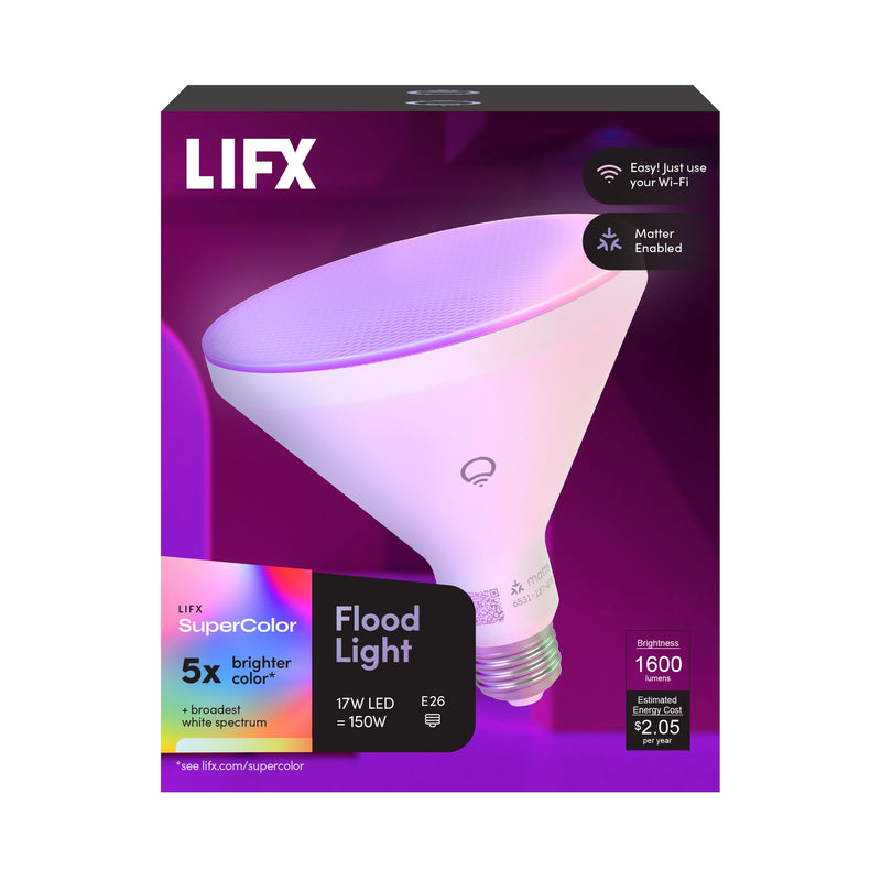 LIFX Smart Flood Light Bulb PAR38 E26 (1 Pack), Color Changing RGB + Warm White 1600 Lumens 150W Equivalent Tunable LED, 90+ CRI, Matter Compatible, Apple HomeKit, Alexa & Google Home Dimmable