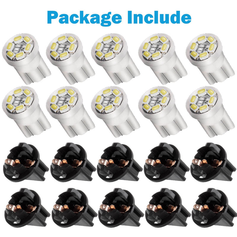 Partsam T10 194 168 LED Dash Instrument Light Bulbs White with Twist Lock Socket, Super Bright T10 Instrument Panel Gauge Cluster Dashboard Lights Bulbs 12V 6-2835-SMD LED Chipset, 10Pcs/Set