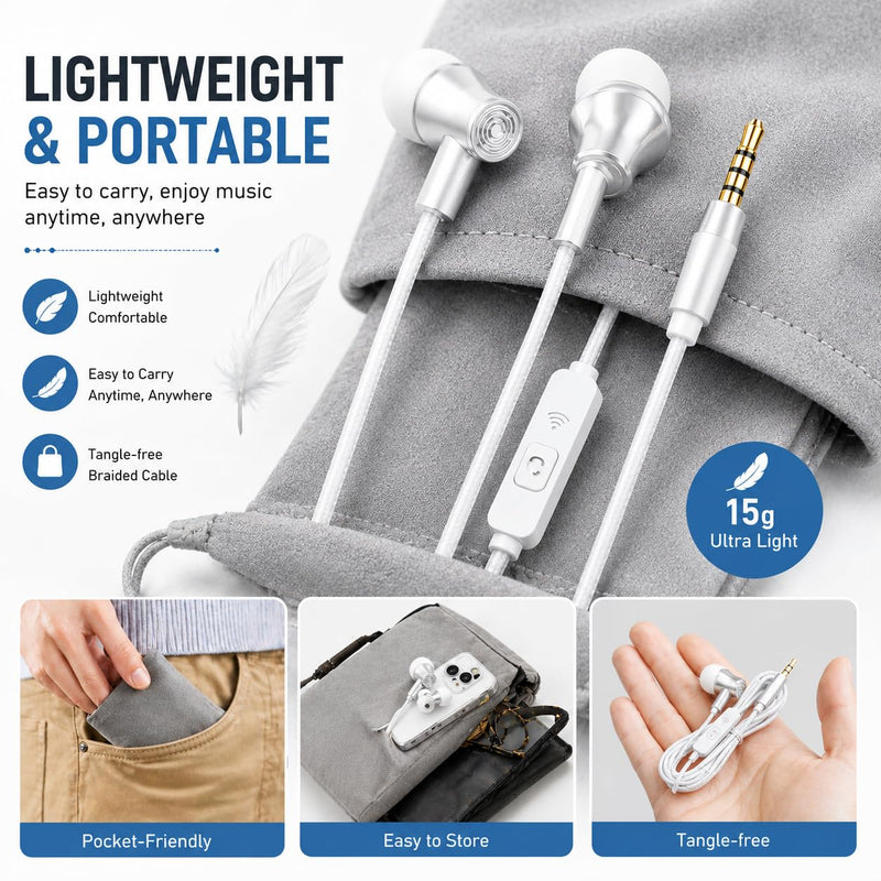 White Wired Earbuds with Microphone, 3.5mm in-Ear Headphones, Stereo Earphones with Volume Control for Laptop, PC, Tablet and Smartphones
