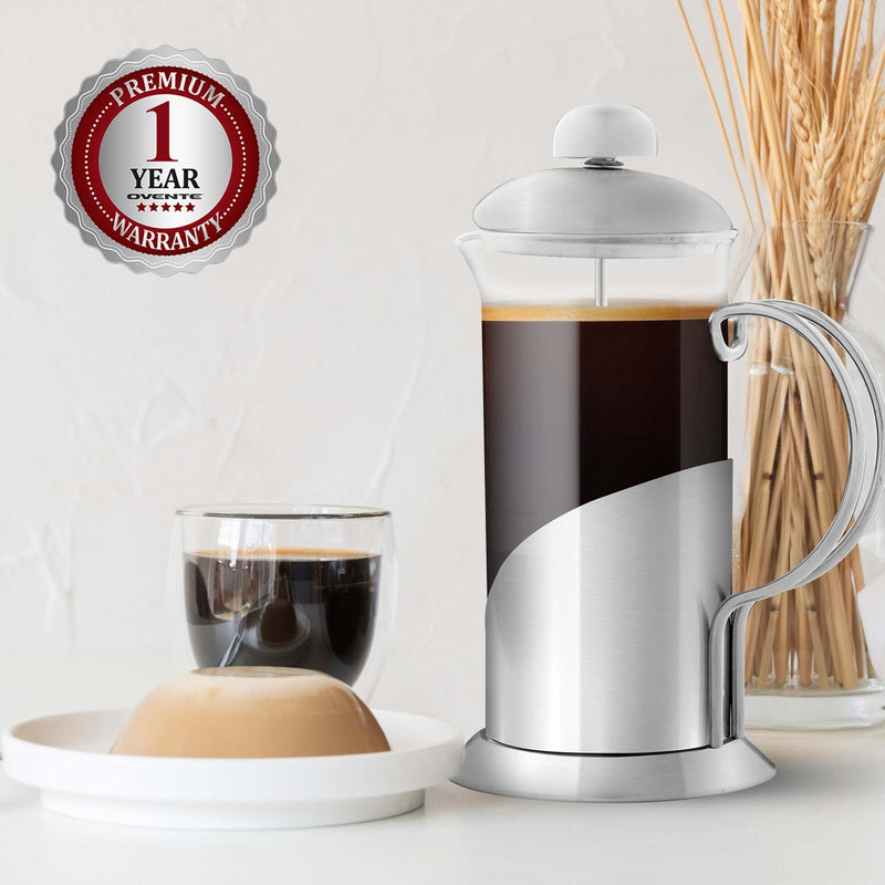 OVENTE French Press Coffee Maker 12 Ounce, 4 Level Stainless Steel Filter System & Heat Resistant Borosilicate Glass, Scoop included, Silver FSL12S