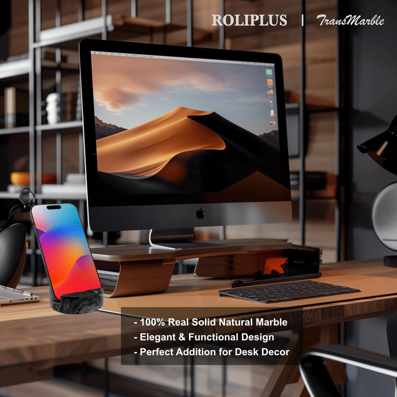 Luxury Marble Cell Phone Stand Holder for Popular Smartphones (1 Pcs) - Real Solid Marble Mobile Phone Stands as Office Desk or Kitchen Countertop Decor (Wooden Black) Wooden Black