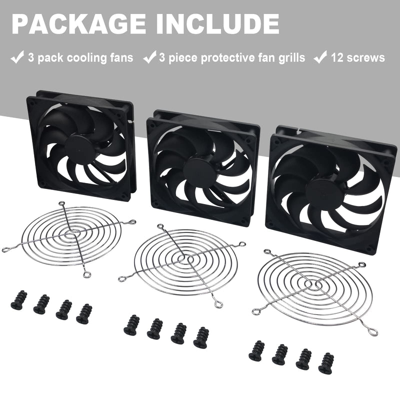3-Pack 120mm 12V DC High Airflow Computer PC Case Fan 120x120x25mm Triple 3Pin 4.72inch Dual Ball Bearing Brushless Exhaust Cooling Fan for Mining Rig Frame Rack Air Miner PSU with Metal Guard 3000RPM 12V 120X120X25MM