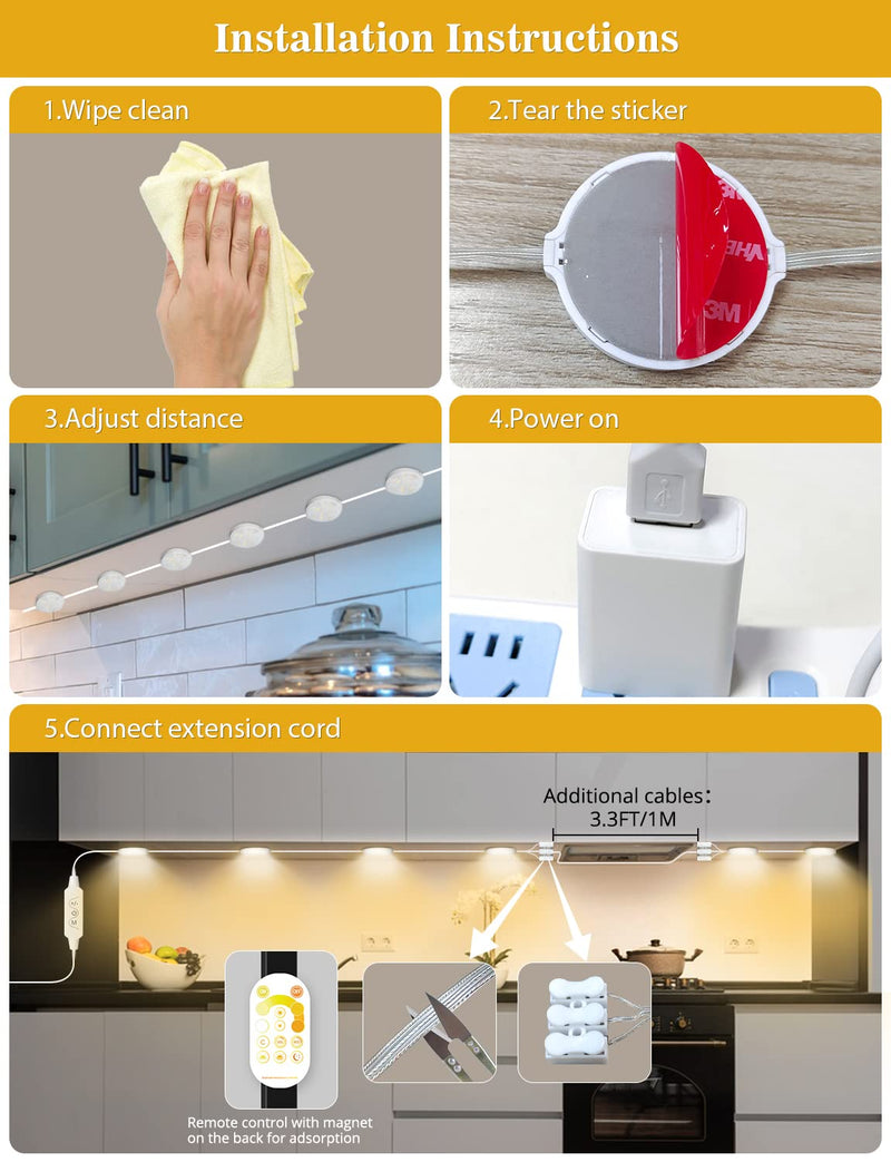 Daymeet Under Cabinet Lights for Kitchen, Dimmable LED Puck Lights Kit LED Closet Light, Plug in Under Counter Light USB Indoor Night for Shelf, Bedroom Remote Control
