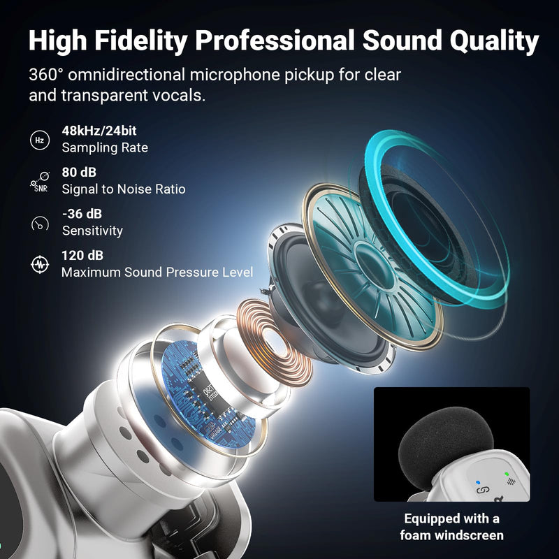 NEEWER KM19 Wireless Lapel Microphone Compatible with iPhone 17 16, Silver | Compatible with iPhone Android & PC, Mini Lav Mic, App Control, 3 Level Noise Cancelling, 30H Battery, 100m, Video Recording