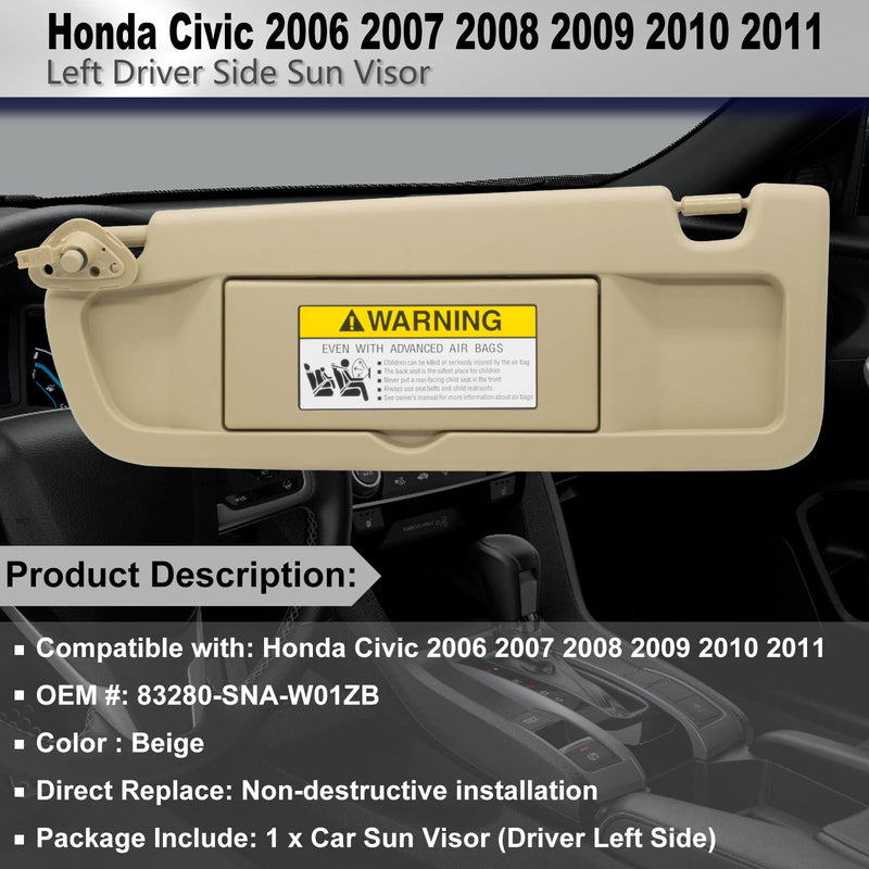 Left Driver Side Sun Visor Replacement Compatible with Honda Civic 2006 2007 2008 2009 2010 2011 Replaces# 83280-SNA-W01ZB Color Beige Beige(Left Driver)