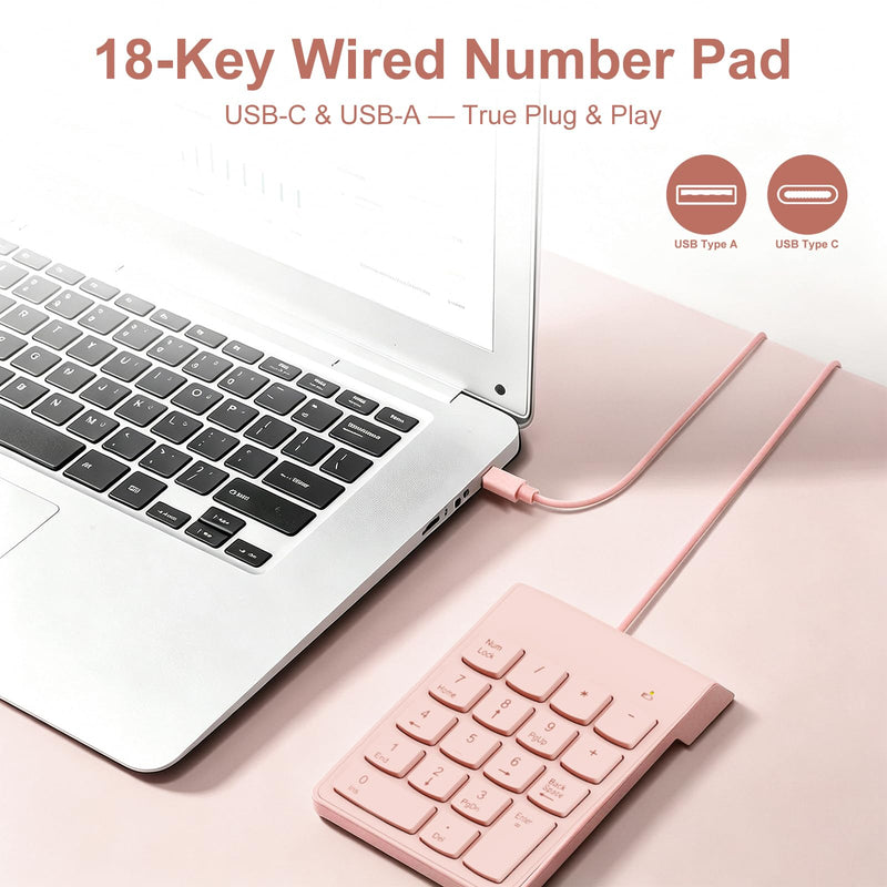 NOOX Wired Number Pad with USB to USB-C Adapter, Pink | Numeric Keypad 18 Keys, Portable Financial Number Keyboard, 10 Key USB Keypad for Laptop, Desktop, Surface Pro, Notebook