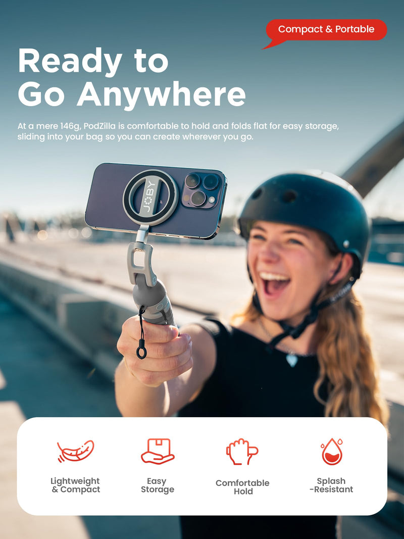 JOBY PodZilla™ SuctionTripod Magnetic Kit(Grey) | Flexible Magnetic Tripod, 360° Rotation & Dual-Angle Adjustment, Mount for iPhone Vlogging, Car, Outdoor & Travel grey