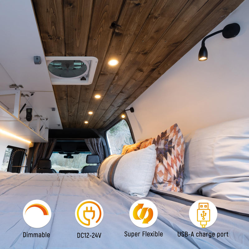 12V LED Dimmable Reading Light 2 Pack, RV Bedside Reading Lamp with USB Charger 12 Volt Flexible Gooseneck Wall Lamp for Camper Van Travel Trailer Truck Boat Interior Lighting Short Shaft 2-Pack