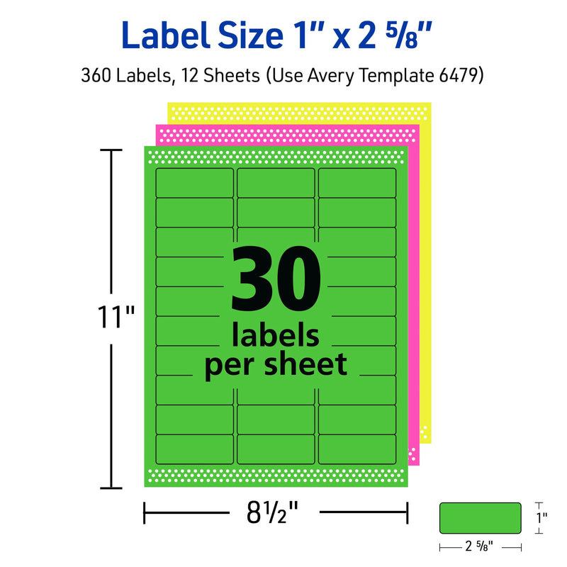 Avery Printable Labels with Sure Feed, 1" x 2-5/8", Assorted Neon Colors (Green, Magenta, and Yellow), Removable Adhesive, Laser & Inkjet Compatible, 360 Blank Labels Total (6479) 1"H x 2 5/8"W
