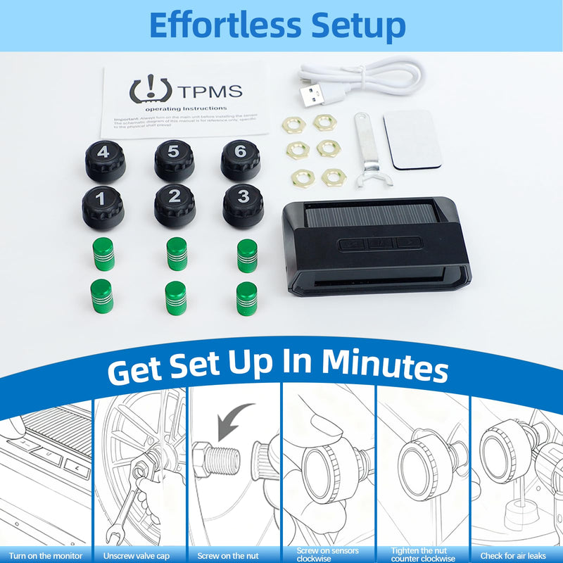 Tire Pressure Monitoring System TPMS, Solar Charge Tire Pressure Monitor with 4 External Sensors & 6 Alarm Modes, 0-99 PSI, Real-time Wireless TPMS for Car Sedan SUV Pickup - with 4 Tire Valve Caps 4 Sensors