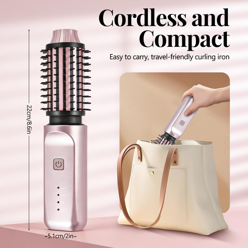 Cordless Curling Brush,3-in-1 Wireless Hair Curler Straightening Brushes,Portable USB Rechargeable Curling Iron,140℃-200℃,Travel Hot Brush for Curly/Straight/Volumising Styles