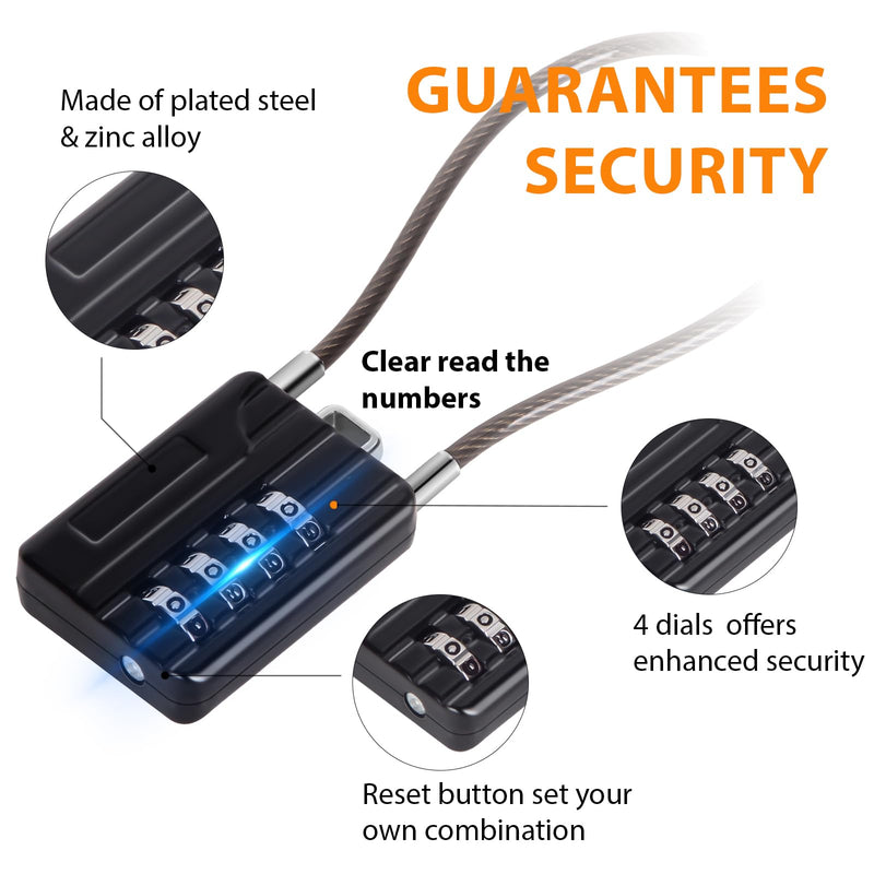 SEPOX® 12PK Metal Combo Padlock, Resettable 4-Digit, Extra Long Cable 7" | Compact Design for Suitcase Gym Locker Toolbox, Set Your Own Password, Combination lock w/ Vinyl Steel Flexible Cable Durable Black Long 12pcs