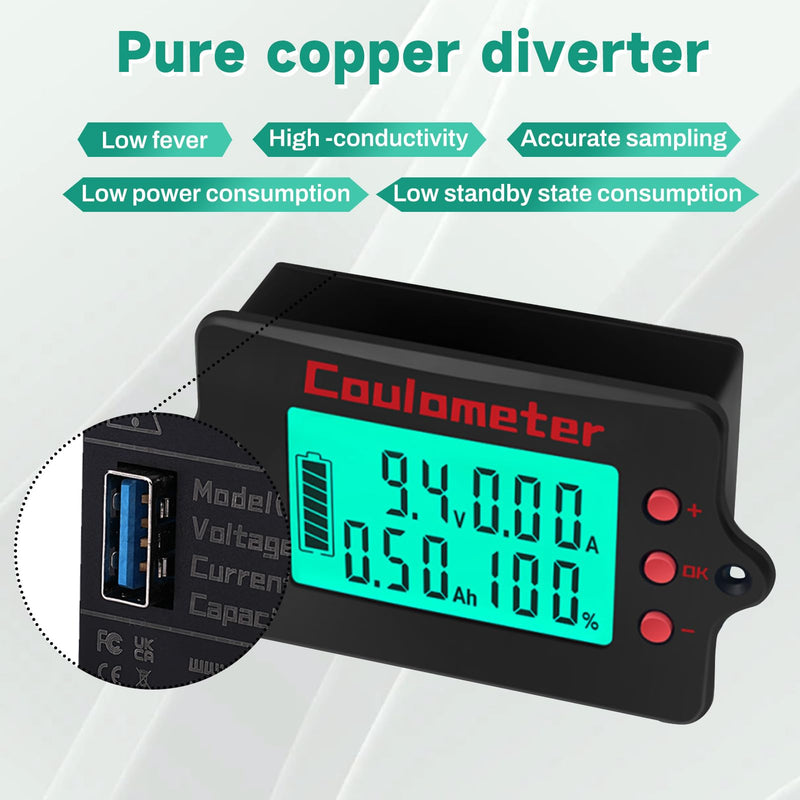 ZPSHYD DC 8-120V Digital Voltmeter Ammeter with 100A Shunt, Coulomb Meter for Battery Monitoring, RV, Solar & Ebike, Real-Time Voltage/Current/Capacity Display (Monochrome LCD) Monochrome Screen