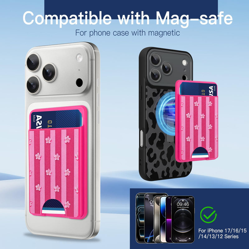 Stronger Magnetic Card Wallet for iPhone 17/16/15/14/13/12 Series | (Not for 13/12 Mini), Stripes Flower Pattern Hard Card Slot Holder Fit 3 Cards Compatible with Magsafe Accessories, Hot Pink Hot Pink (Stripes Flower)