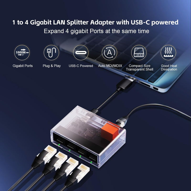 Gigabit Ethernet Splitter 1 to 4 Port, 1000Mbps High-Speed LAN Adapter with USB Cable, Mini Plastic YuLinca Network Hub, Plug & Play for Router, Modem, PC, IP Camera, Printer, Smart TV