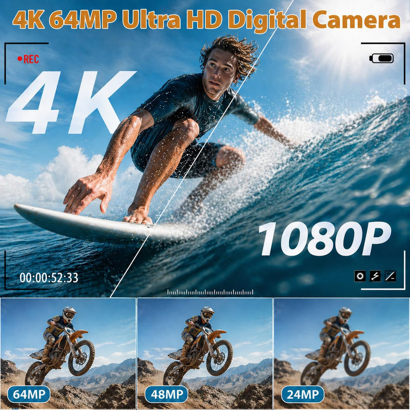 4K Digital Camera for Photography, 64MP Vlogging Camera for YouTube | Point and Shoot Camera with WiFi Sharing, 18X Digital Zoom, 3" 180° Flip Screen, 32GB Micro SD Card & 2 Batteries, Black