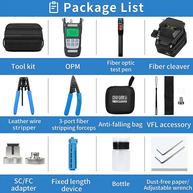 Fiber Optic Terminal kit 9-in-1 FTTH Tool kit Equipped with S-6C Optical Fiber Cleaver and high Precision Optical Power Meter A-Y710A (-70~+10dBm) Well as Wire Stripper Fibre Tool kit