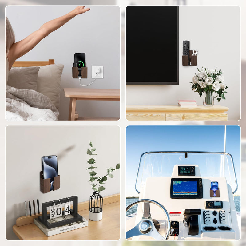 2 Pack Wall Phone Holder Phone Stand with Charging Hole (Wood Grain) | Compatible with iPhone and Android, remote control stand, bedside phone holder, for home office boat rv accessories