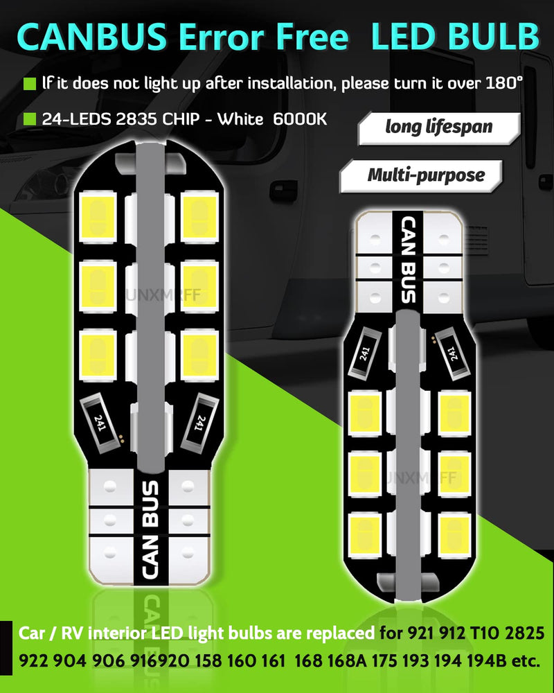 UNXMRFF T10 921 LED Bulbs White 922 912 194 LED Bulb 24-SMD Camper Light Bulbs for 12V RV Light Bulbs, Travel Trailer RV Interior Ceiling Dome Lights, Car Map lights, Dome lights, (Pack of 10) 10PCS