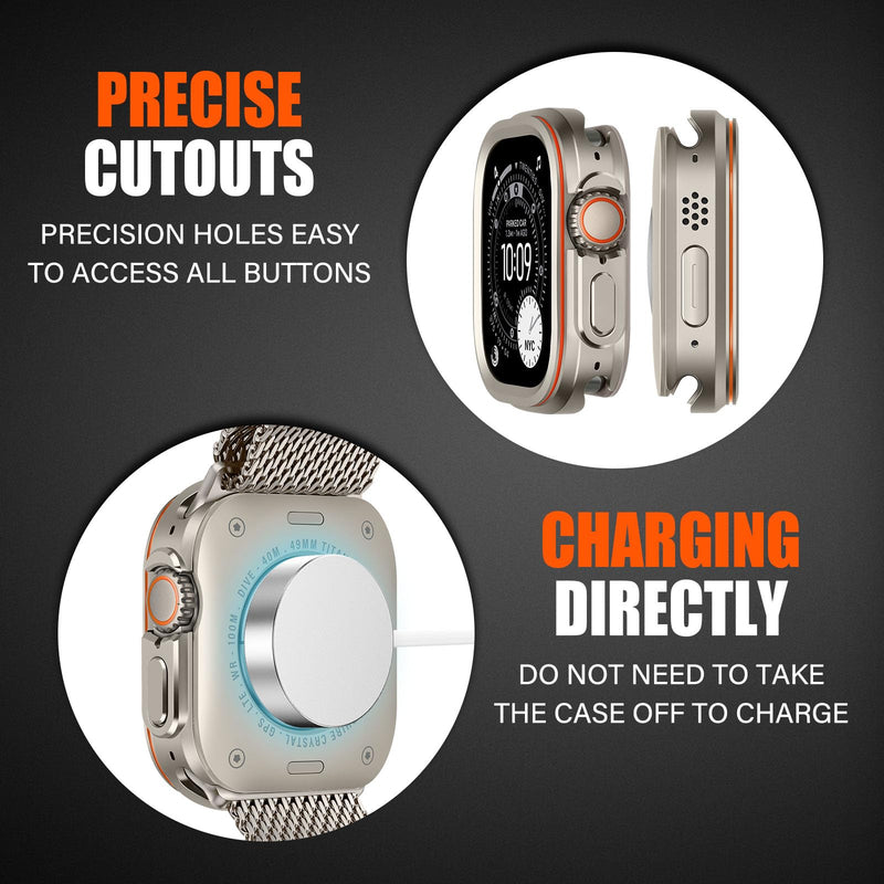 Metal Rugged Case Compatible with Apple Watch Ultra 3/2/1 49mm, Metal Protective Bumper Cover Case + Back Cover for iWatch Ultra 49mm, Titanium/Orange Apple Watch Ultra 3 2 1 49mm