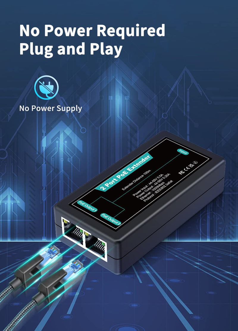 1 in 2 Out Gigabit PoE Extender, NICGIGA 2 Port PoE Repeater 100 Meters(328 ft),IEEE 802.3af/at Power Over Ethernet PoE Splitter to 2 PoE Devices Like IP Cameras, IP Phone, Wireless AP 3 Port | 2* 1000Mbps Out PoE