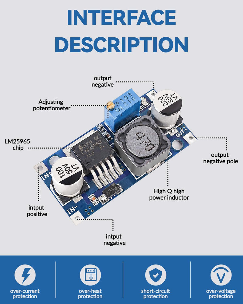 5 Pack LM2596 DC to DC Buck Converter 3.0-40V to 1.5-35V Adjustable Voltage Regulator Electronic Voltage Stabilizer Power Supply Step Down Module 5 Pack