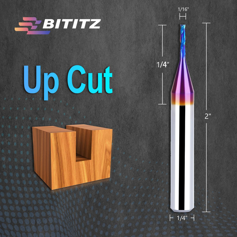 2PCS Upcut Spiral Router Bit 1/4 Inch Shank 1/16 Inch Cutting Diameter 1/4 inch Cutting Length with Extra Long Life Coating CNC Router Bits End Mill for Wood Cutting, Slot Mortise, Engraving UP CUT 2 pieces 1/16" Dia-1/4" CL-2" Overall Length