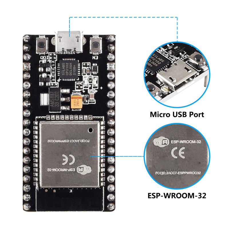 5Pcs ESP32 Development Board CP2102 Chip 38Pin Narrow Version WiFi + Bluetooth Microcontroller Dual Cores ESP-32 ESP-32D Board ESP-WROOM-32 2 in 1 Dual Core Low Power Consumption ESP-32 5pcs micro usb