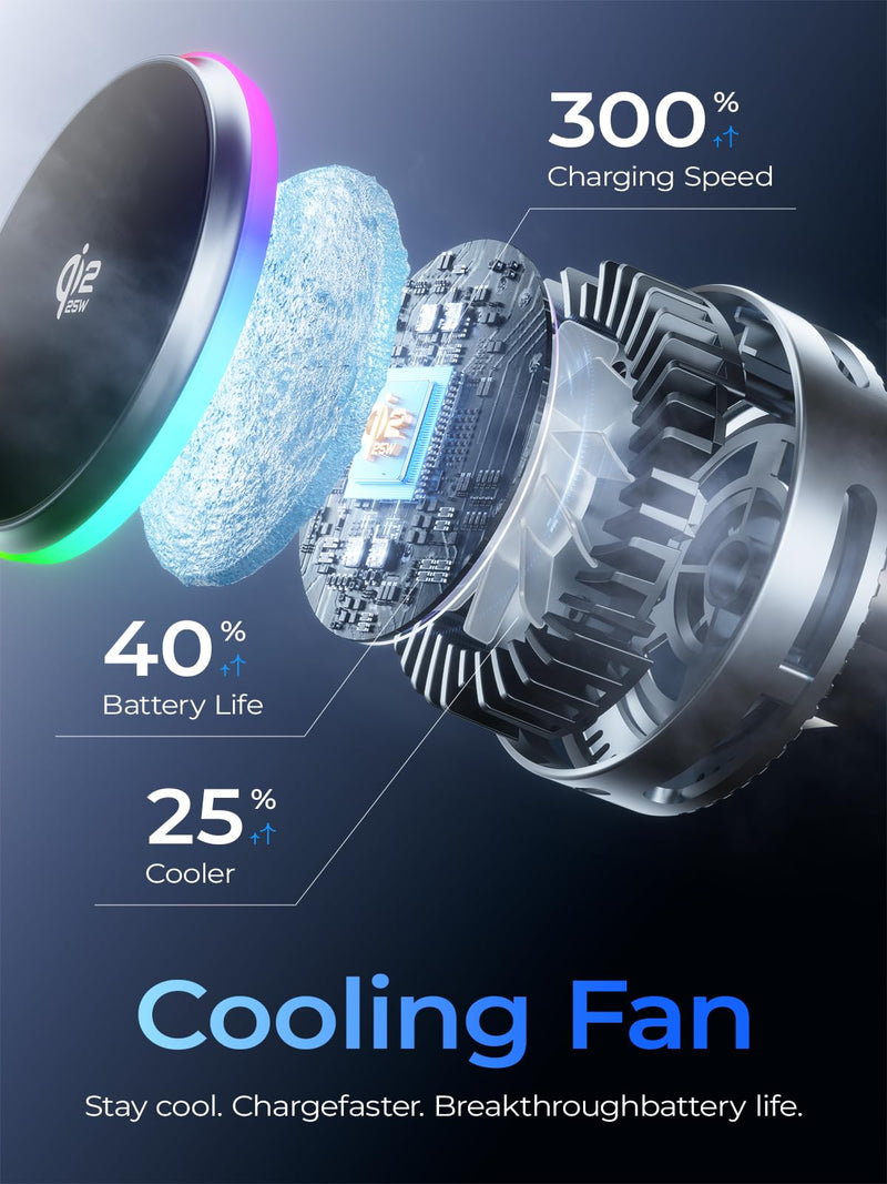 XO Qi2.2 Magnetic Car Mount Charger,25W Fast Charging with Cooling Fan and LED Light, 360° Rotatable Strong Hold Car Phone Mount with for Phone,Universal Fit for Most Vehicles, Easy Installation