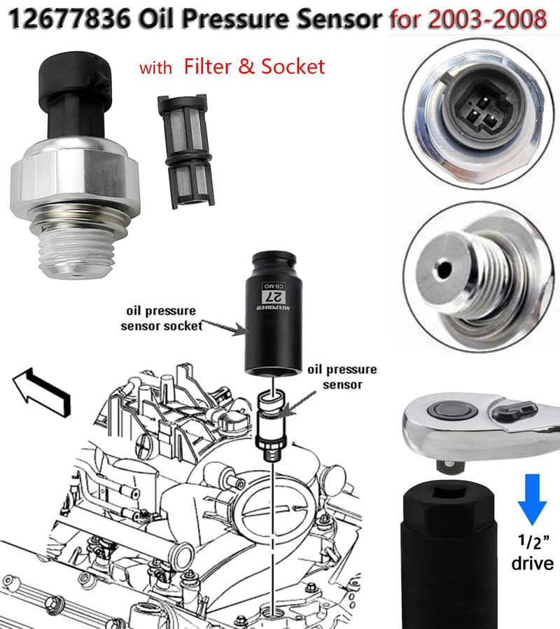 12677836 Oil Pressure Sensor for Chevy Silverado 1500 2500 3500,Express,Corvette,Suburban Avalanche Impala Tahoe, for GMC Sierra,Savana,Yukon,Envoy 2002-2008 12677836 Oil Pressure Sensor