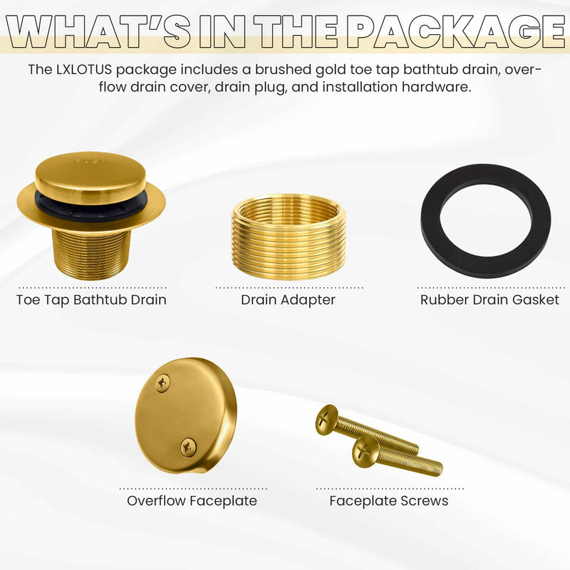 LXLTOUS Brushed Gold Toe Tap Bathtub Trim Set with Two-Hole Overflow Faceplate, Replacement Brass Tub Drain Kit with 2-Hole Overflow Cover and Universal Fine/Coarse Thread, Fits 1-3/8" and 1-1/2"