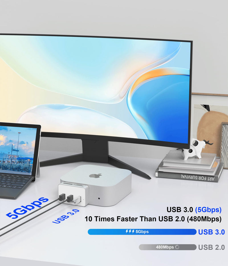 Mac mini M4 Dock with NVMe SSD Enclosure - Aluminum 6-in-1 Hub for Mac mini M4/M4 Pro 2024 with M.2 NVMe SSD Slot, 3X USB 3.0 Ports, SD & MicroSD Card Readers, 10Gbps Data Transfer in Silver