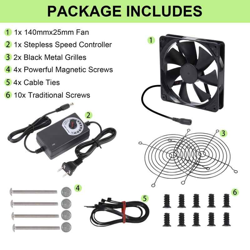 140mmx25mm Magnetic Kits Computer PC Vent Cooling Fan with Speed Controller | Premium 5.51inch Multi-Fan Cooling Fan Set with Magnetic Screws Kits for PC Computer Server Mining Rig Cabinet Chicken Coop
