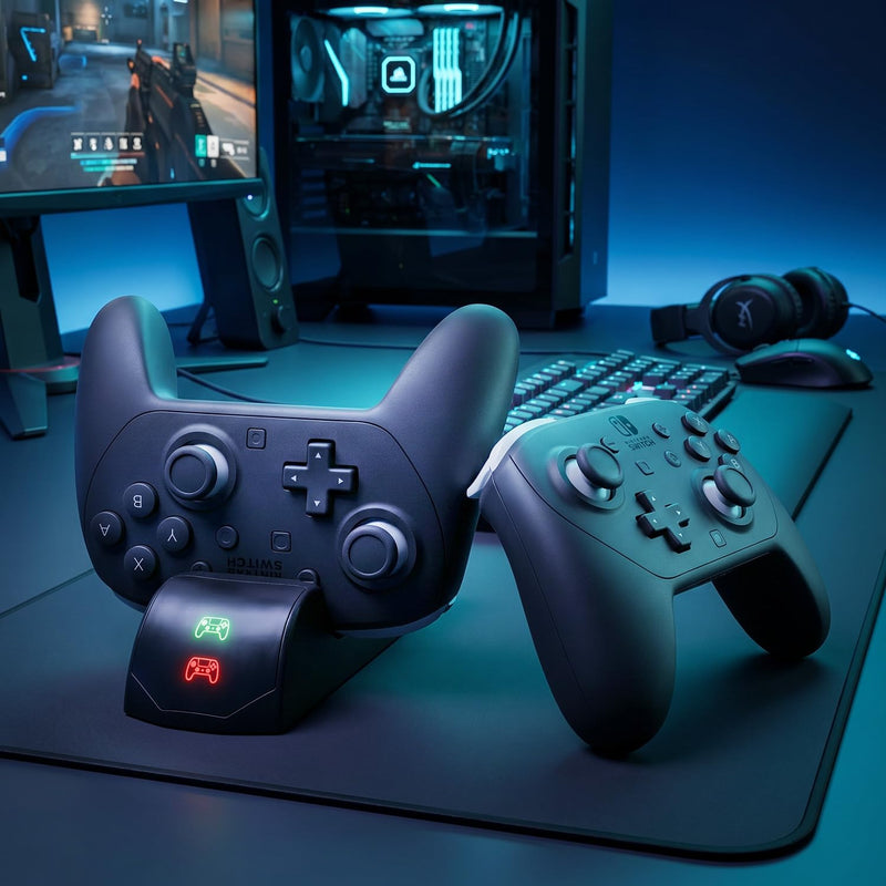Switch 2 Pro Controller Charging Station, LED Indicator Dual Charger Stand | Dual charger stand for Switch 2 Pro Controller with LED display, fast 5V/2A charging, and convenient desktop storage