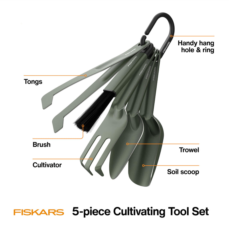 Fiskars 5-Piece Plant Cultivating Tool Set, Nesting Trowel, Soil Scoop, Cultivator, Tongs & Brush for Indoor Gardening, Stainless Steel w/Green Powder Coat Finish, Space Saving Design for Houseplants 5-Piece Set