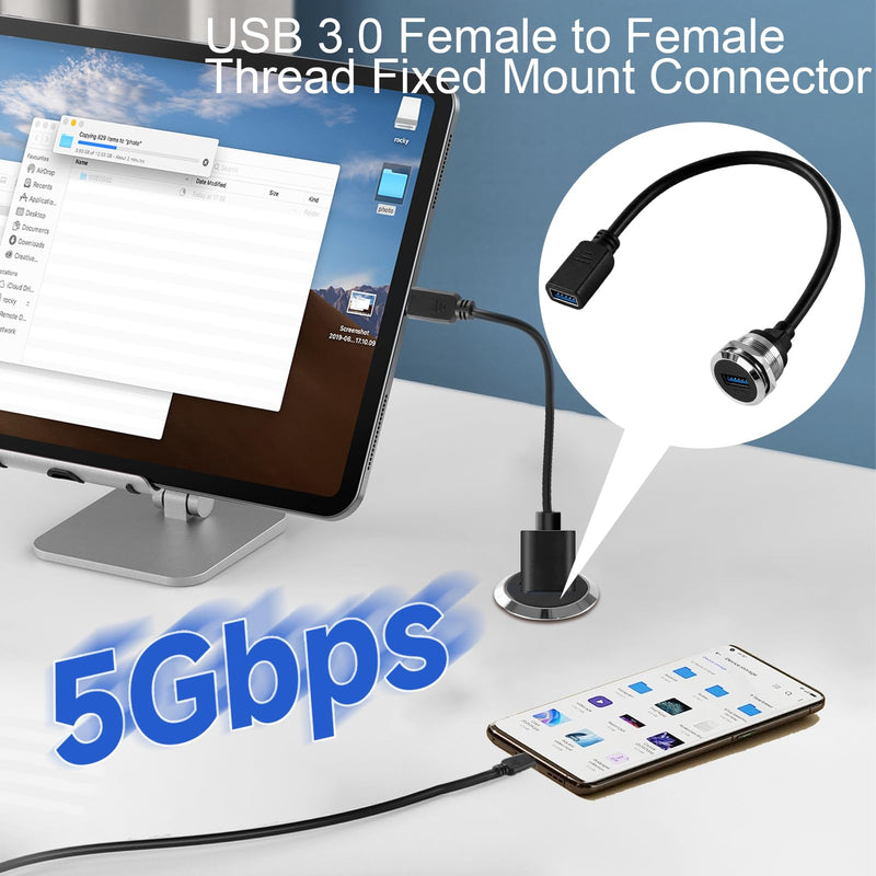 USB 3.0 Female to Female Panel Mount Cable, 5Gbps 3A Charging Bulkhead Connector, 25cm/9.84in Threaded M21 Adapter for Car Desk RV Boat(F-F)
