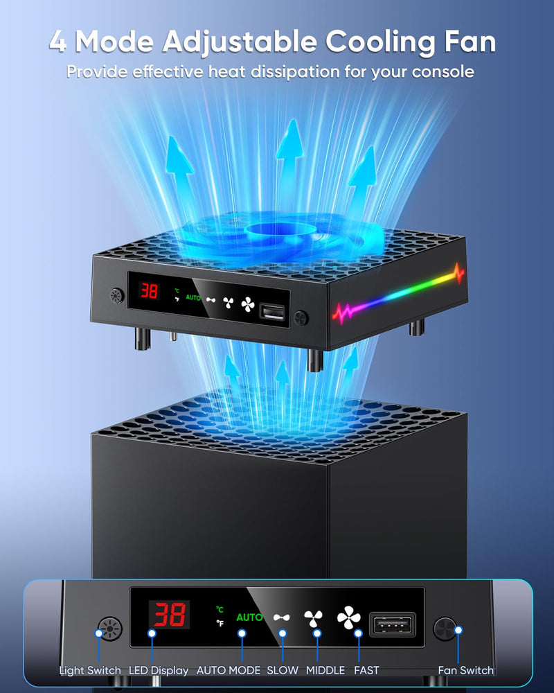 [LED Display] Auto Cooling Fan for Xbox Series X with 9 RGB Light Modes | Cooling System Adjustable by Temperature for Xbox Series X Console, Cooler&Light Switch, Headset Hook, USB Port, One Consoles