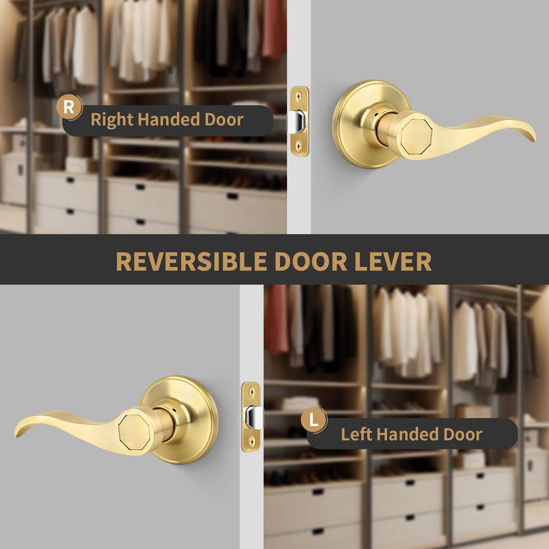 Brushed Gold Wave Style Passage Door Handle Without Keys, Non-Locking Door Lever for Hallway/Closet in Satin Brass Finish, No Lock Reversible Lever for Left/Right Doors 1 Pack Passage {Without Lock&Keys}