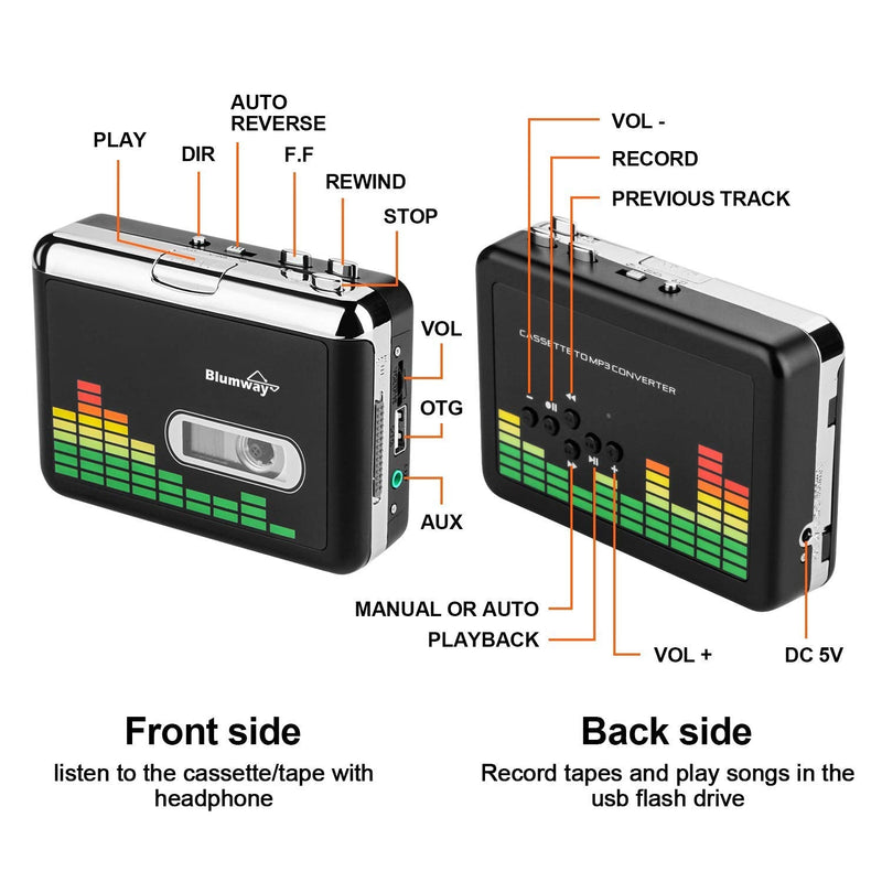 BlumWay USB Cassette to MP3 Converter, Portable Tape Cassette Player to MP3 Format, Audio Music Cassette Tape to Digital Converter with Earphone, Walkman Type, No Need Computer