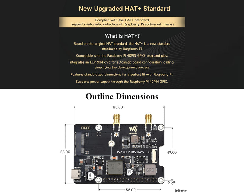 Pi5 PCIe to M.2 E Key Adapter with PoE Function Compatible with Raspberry Pi 5, Support 2230 Size NGFF (M.2 E Key) Wireless NIC-AX210/AX200/BE200/RTL8822CE and Gen2 and Gen3 Modes, HAT+ Standard