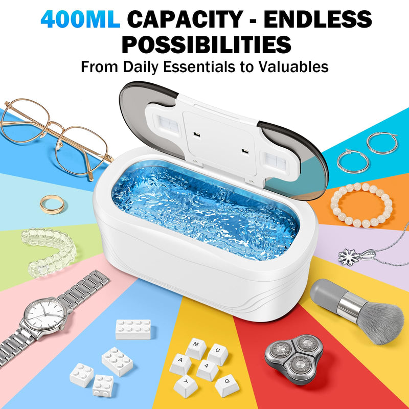 Ultrasonic Jewelry Cleaner, 48KHz Ultrasonic Cleaner for Eyeglasses Rings Watch Band Necklace Earring, Multi Deep Clean Modes 400ML, White