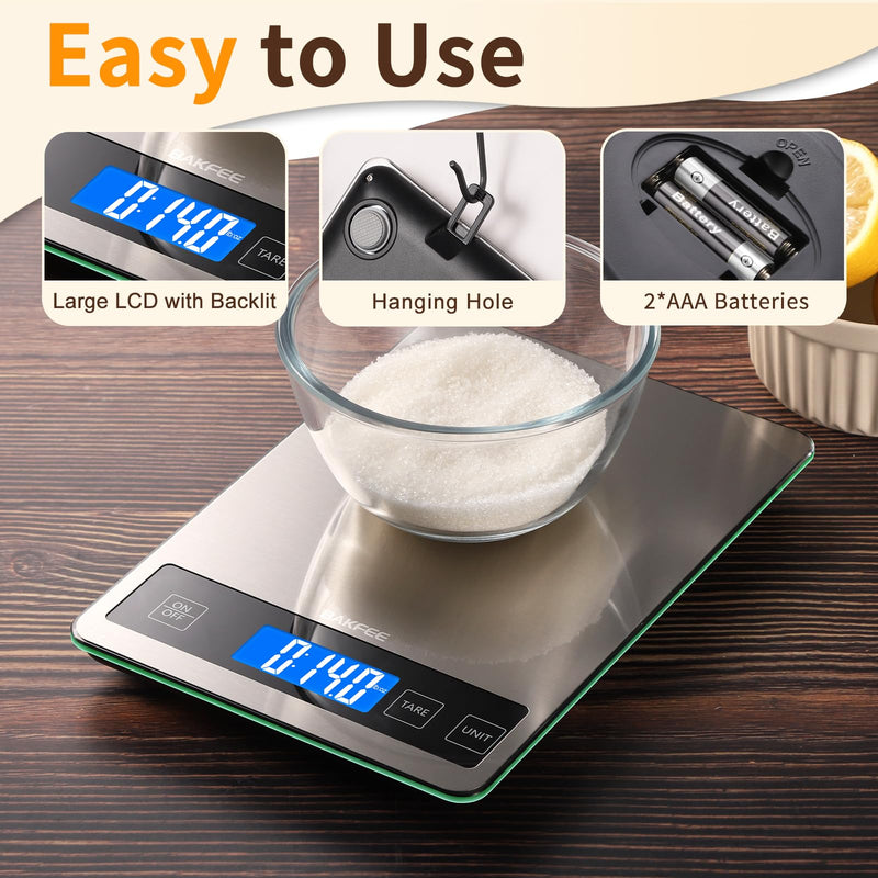 Food Scale, 33lb Digital Kitchen Scale with Stainless Steel & Tempered Glass, 1g / 0.05oz Precise Graduation, Waterproof and Sturdy Surface, for Cooking, Baking, Weight Loss, Meal Prep Non-Rechargeable